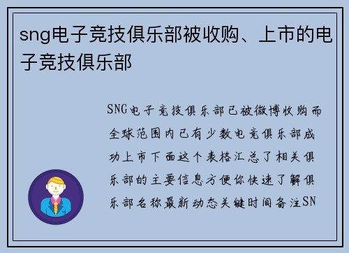 sng电子竞技俱乐部被收购、上市的电子竞技俱乐部
